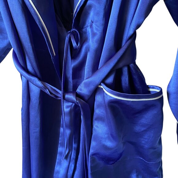 Victorias Secret Royal Blue Maxi Satin Robe White Piping Pockets Women M/L - Picture 3 of 8